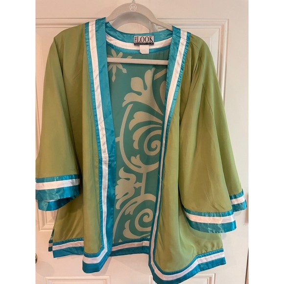 Randolph Duke SILK Open Front Short Kimono Blue Green Reversible Sz 8 Boho Artsy - Picture 4 of 13